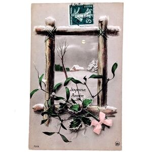 Joyeuse Annee New Year's Cottage Holly Winter Scene 1913